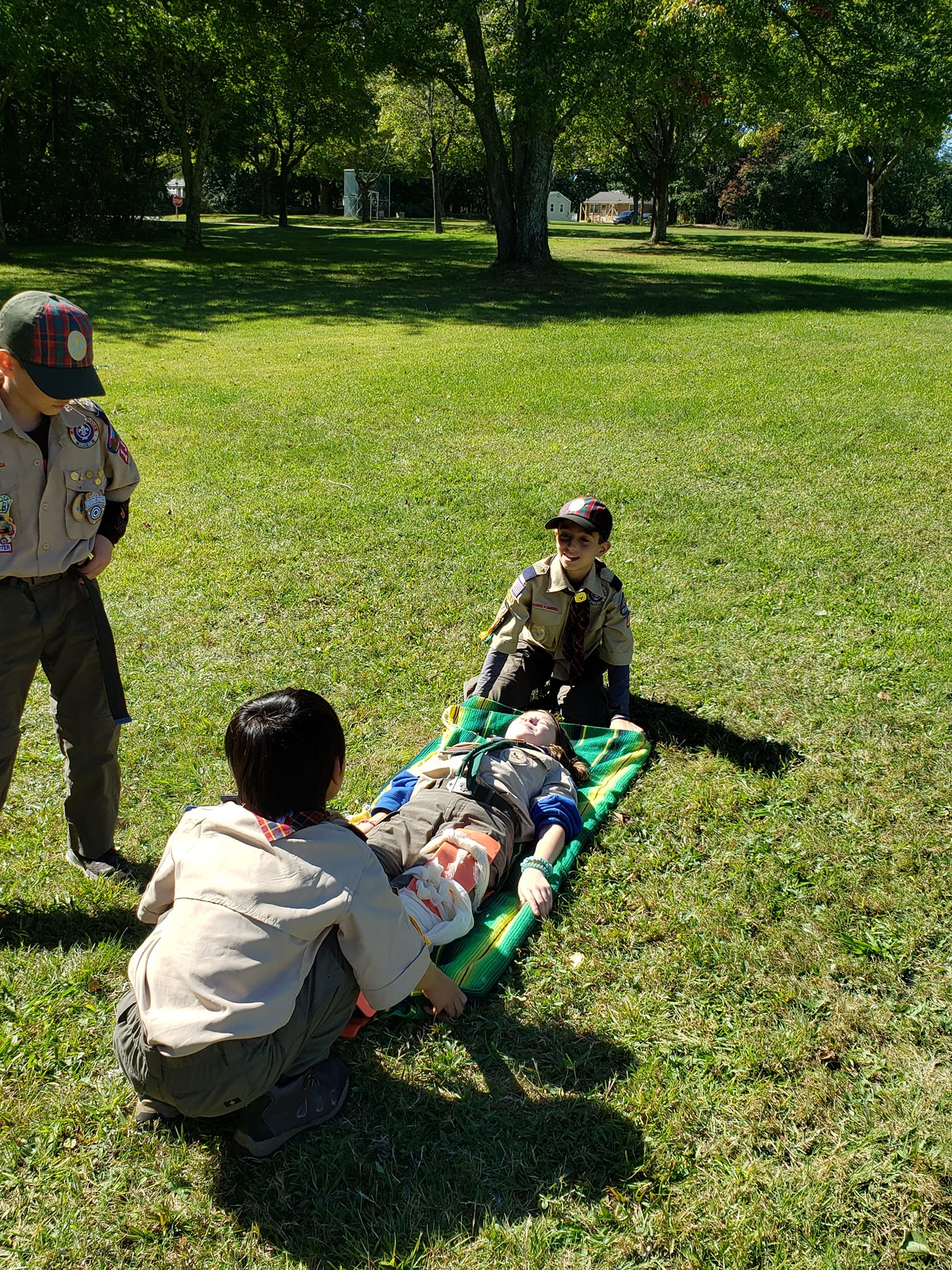 Learning to carry an injured person on a stretcher!